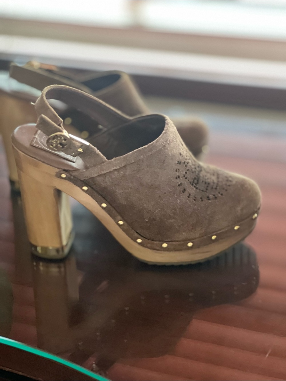 Tory Burch Suede Studded Slingback Clog Heels - Brown - Picture 3 of 11